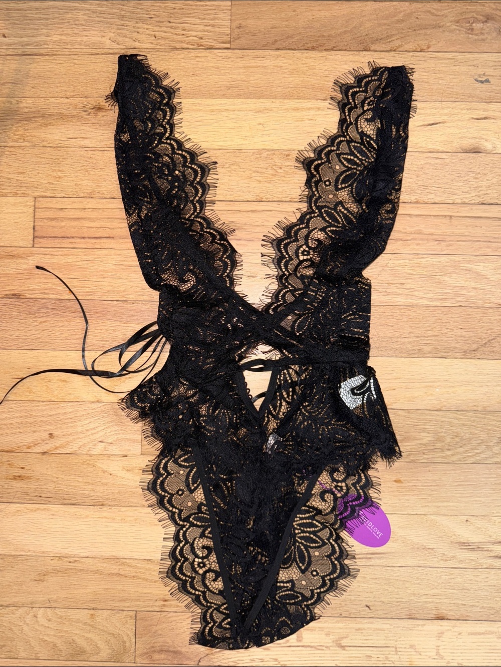 NWT black avidlove tie back high cut low v neck lace bodysuit lingerie medium